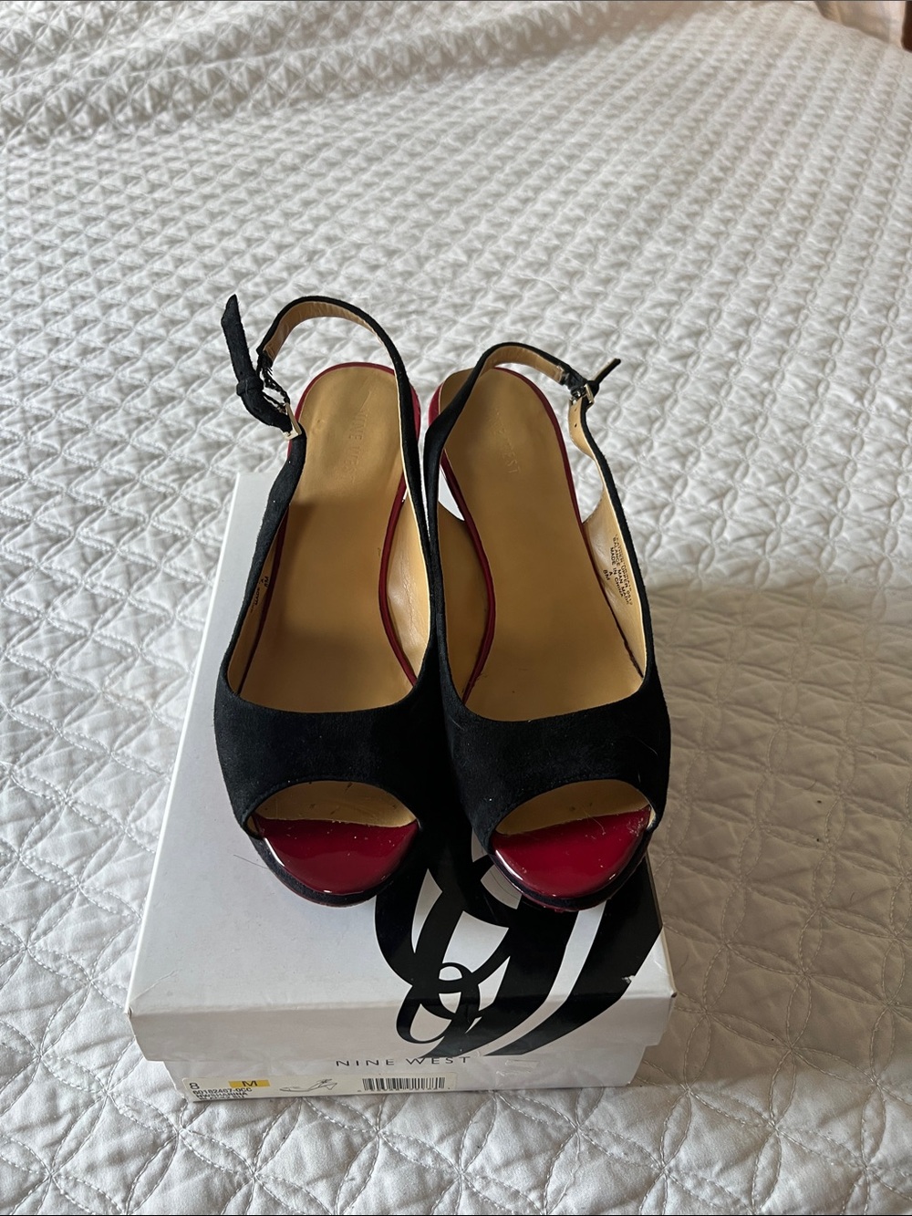 Nine West Black Suede Peep-Toe Slingback Heels with Red Toe